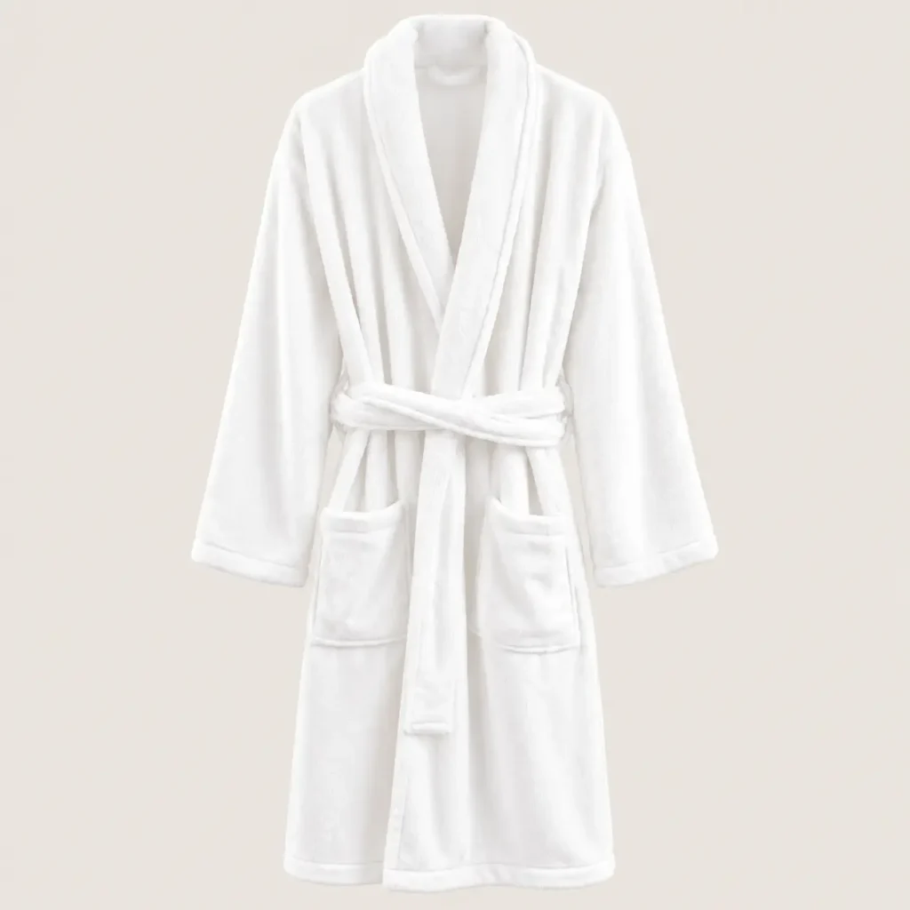 White Fine Details Coral Fleece Bathrobe with shawl collar, waist belt and front pockets